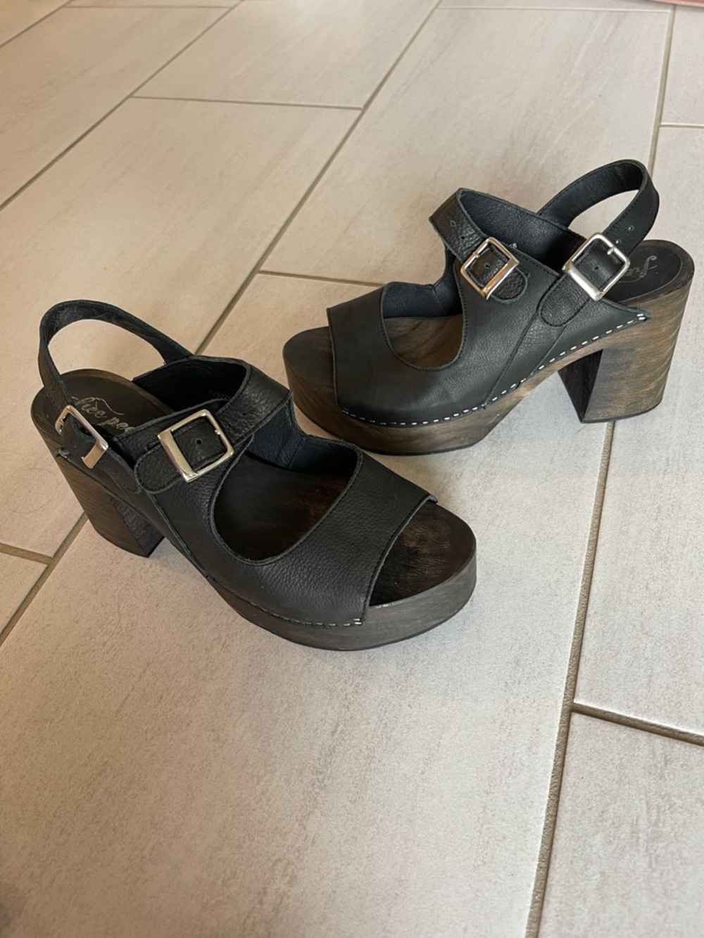 Free People Black Leather Platform Slingback Heels with Buckles